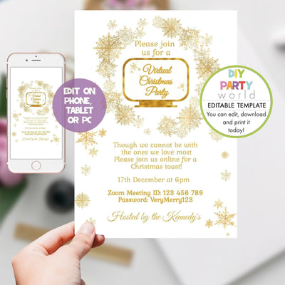 DIY Editable Golden Snowflake Wreath Online Christmas Party Invitation C1019 - DIY Party World