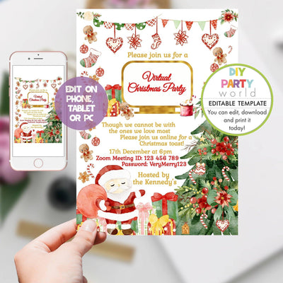 DIY Editable Virtual Christmas Party Invite Santa Scene C1021 - DIY Party World