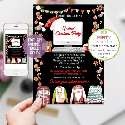 DIY Editable Digital Virtual Christmas Party Invitation Ugly Sweater Design C1021 - DIY Party World